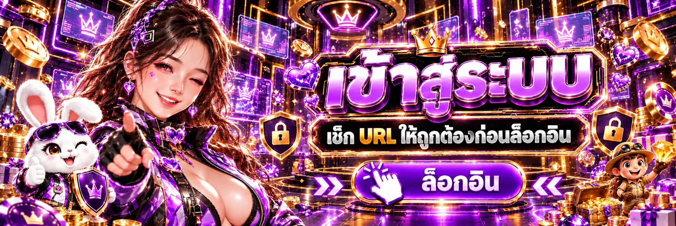 หน้าล็อกอิน KHOTRUAYY โทนม่วงดำทองพร้อมสัญลักษณ์ความปลอดภัย